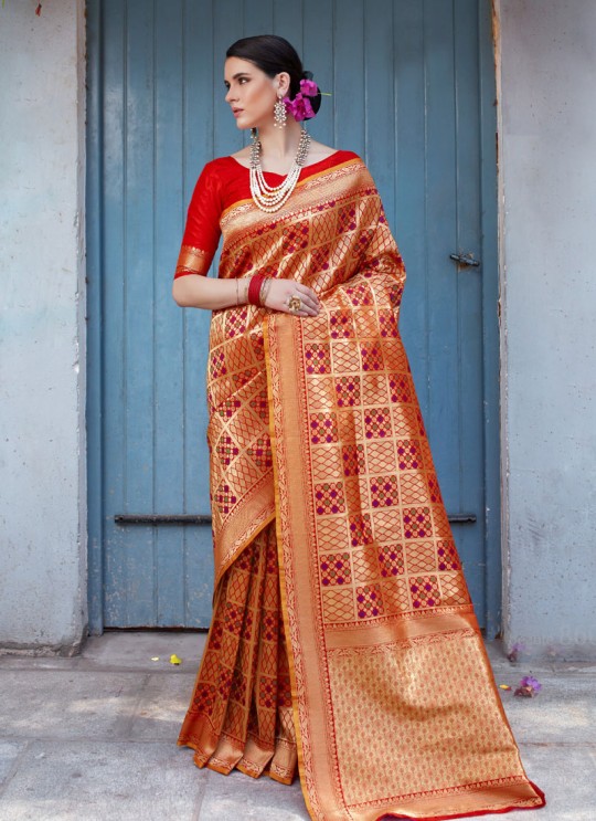 Orange Handloom Silk Wedding Saree Kilfi 86008 By Rajtex