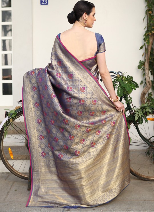 Grey Handloom Silk Wedding Saree Kilfi 86009 By Rajtex