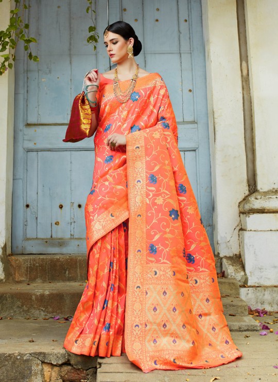 Orange Handloom Silk Wedding Saree Karmala Silk 89004 By Rajtex