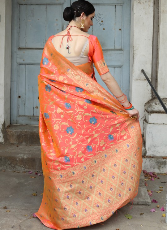 Orange Handloom Silk Wedding Saree Karmala Silk 89004 By Rajtex
