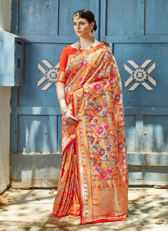 Orange Handloom Silk Wedding Saree Karmala Silk 89008 By Rajtex