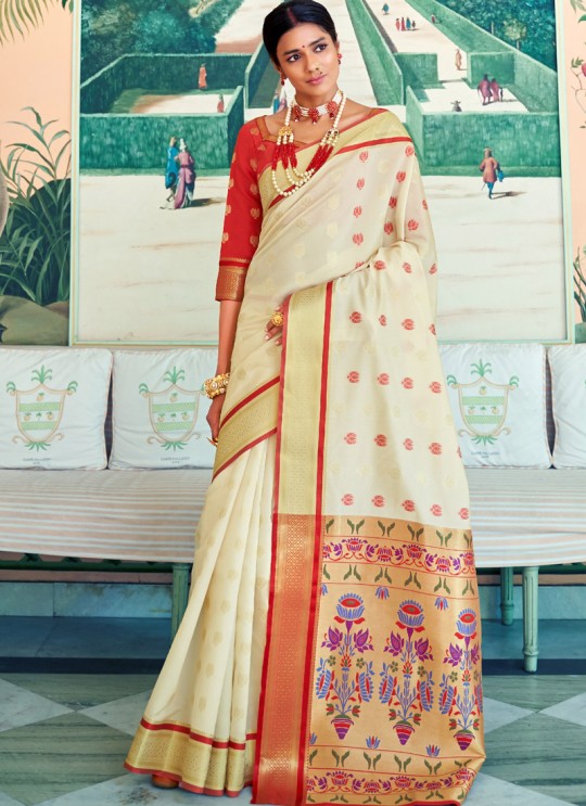 Cream Pure Paithani Silk Designer Saree KASTURI SILK 95002 By Rajtex