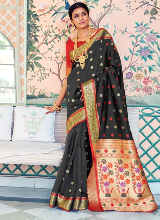 Black Pure Paithani Silk Designer Saree KASTURI SILK 95003 By Rajtex