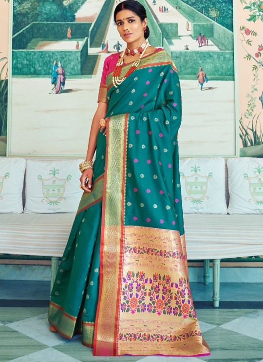 Teal Green Pure Paithani Silk Designer Saree KASTURI SILK 95007 By Rajtex
