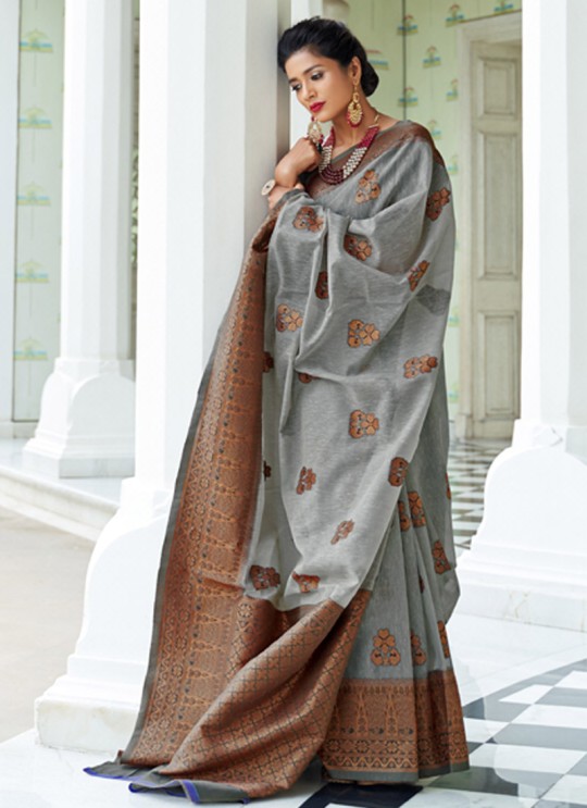 Grey Pure Linen Silk Designer Saree KANVAS LINEN 99001 By Rajtex