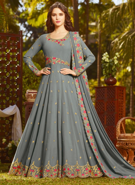 Grey Georgette Wedding Wear Abaya Style Anarkali Raazi Vol 8 20031 By Rama Fashions SC/013977