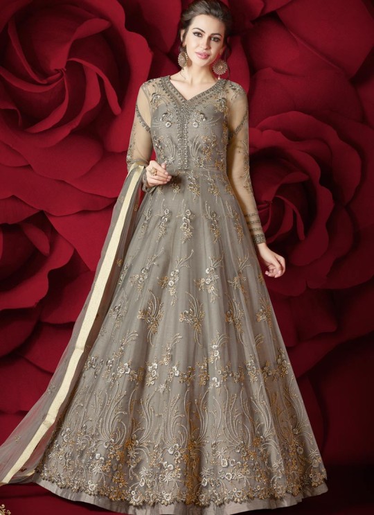 Grey Net Wedding Wear Floor Length Anarkali Raazi Aroos The Bride 10009 By Rama Fashions SC/010838