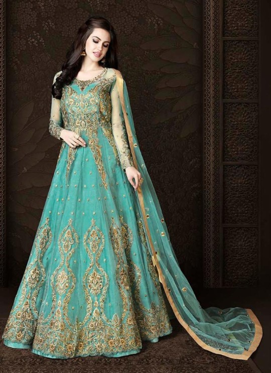 Turquoise Net Wedding Wear Floor Length Anarkali Raazi 10015 to 10021 Series 10017 By Rama Fashions SC/012083