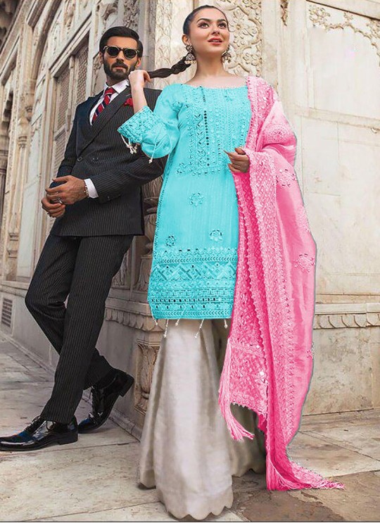 Turquoise Chiffon Wedding Wear Pakistani Suit SC/017166