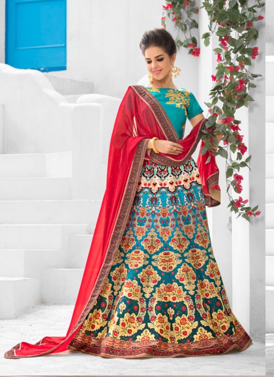 Teal Blue Pure Satin Wedding Wear 2 in 1 A-Line Lehenga & Gown  A-Line Lehenga Signature Collection Season 1 VL107D By Vastreeni