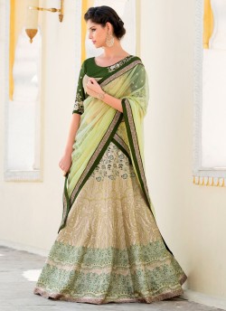 Green Silk Wedding Wear 2 in 1 A-Line Lehenga & Gown  A-Line Lehenga Signature Collection Season 1 VL109A By Vastreeni