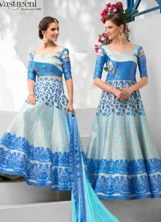 Blue Silk Wedding Wear 2 in 1 A-Line Lehenga & Gown  A-Line Lehenga Signature Collection Season 1 VL109C By Vastreeni