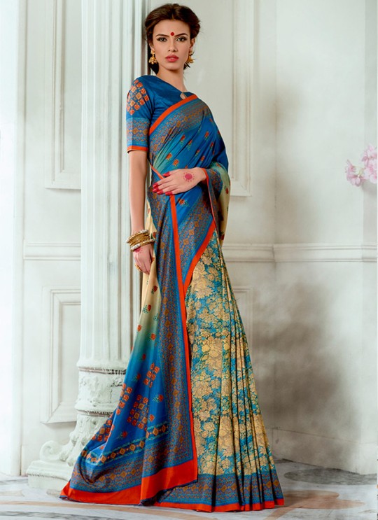 Blue Tussar Silk Party & Festival Wear Digital Printed Sarees Tussar Silk Vol-1 T-1405 By Saptrangi