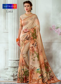 Cream Tussar Silk Party & Festival Wear Digital Printed Sarees Tussar Silk Vol-1 T-1413 By Saptrangi