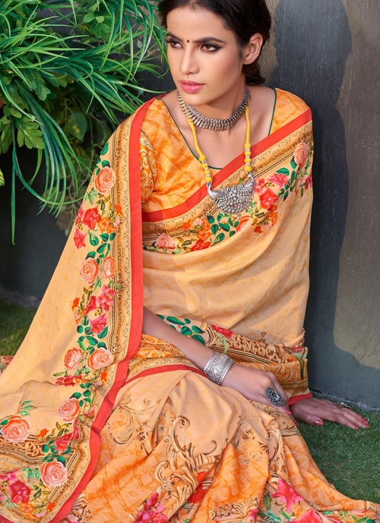 Orange Tussar Silk Party & Festival Wear Digital Printed Sarees Signature Saree Collection-2 T-1503 By Saptrangi