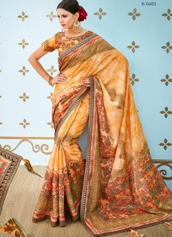 Orange Banarsi Silk Party & Festival Wear Digital Printed Sarees Style Sutra 1601 Series T-1603 By Saptrangi
