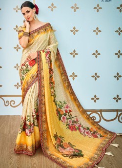 Beige Banarsi Silk Party & Festival Wear Digital Printed Sarees Style Sutra 1601 Series T-1604 By Saptrangi