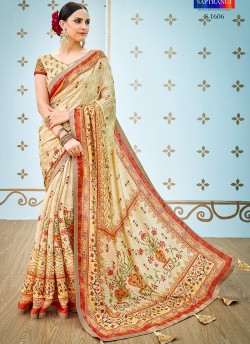 Beige Banarsi Silk Party & Festival Wear Digital Printed Sarees Style Sutra 1601 Series T-1606 By Saptrangi