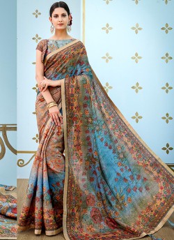 Blue Banarsi Silk Party & Festival Wear Digital Printed Sarees Style Sutra 1601 Series T-1609 By Saptrangi