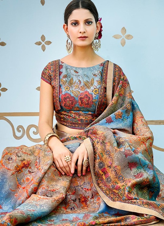 Blue Banarsi Silk Party & Festival Wear Digital Printed Sarees Style Sutra 1601 Series T-1609 By Saptrangi