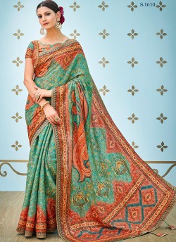 Green Banarsi Silk Party & Festival Wear Digital Printed Sarees Style Sutra 1601 Series T-1610 By Saptrangi