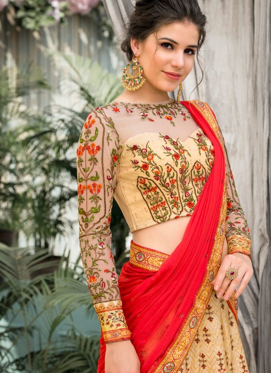 Beige Banarsi Silk Wedding & Party Wear 2 in 1 Lehenga Gown Rangrass vintage collection Season-7 SL-706 By Saptrangi