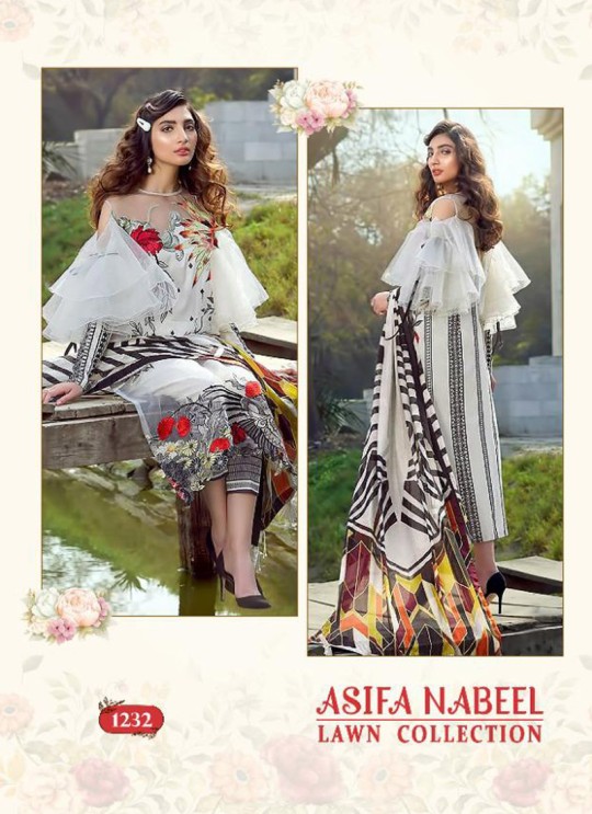 Asifa Nabeel Lawn Collection By Shree Fab 1232 White Cocktail Pakistani Shalvar Kameez Sc/018125