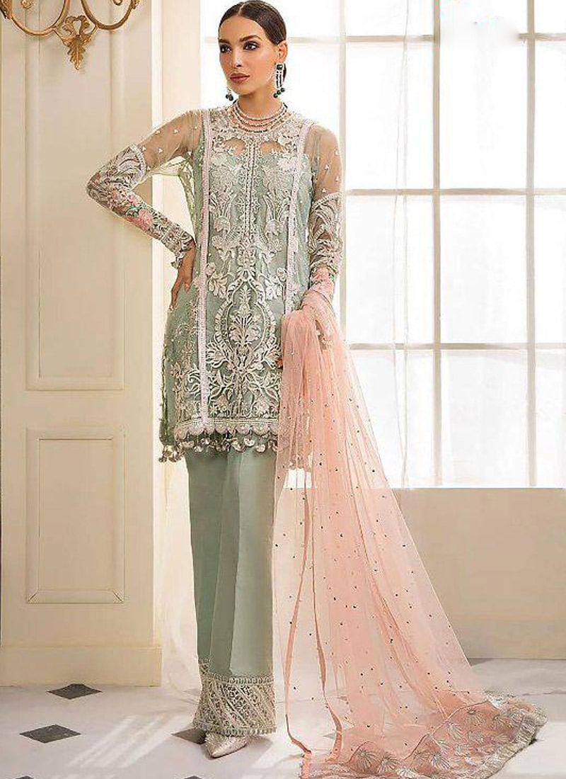 Buy Online Green Net Party Wear Pakistani Suit Gulal Emb
