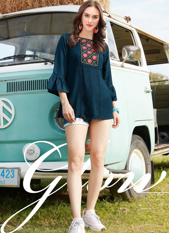 Alluring Teal Blue Rayon Casual Wear Top Glazier 2 1018 By Sparrow SC/016495