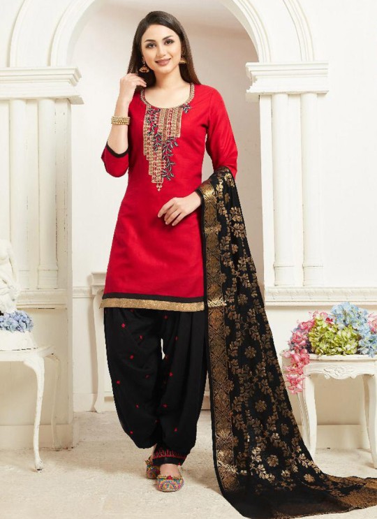 Red Jam Silk Cotton Party Wear Patiala Suit Banarsi Patiala 1028 Sparrow SC-014309