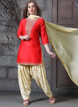 Red Jam Silk Cotton Party Wear Patiala Suit Patiala Club Sparrow 1010 Sparrow SC-012104