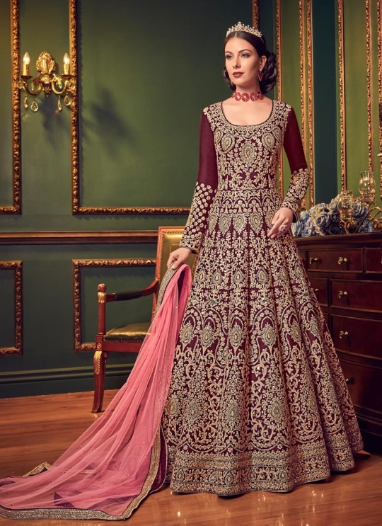 Wine Silk Floor Length Wedding Wear Anarkali Snow White Violet 22 5902 By Swagat SC/013232