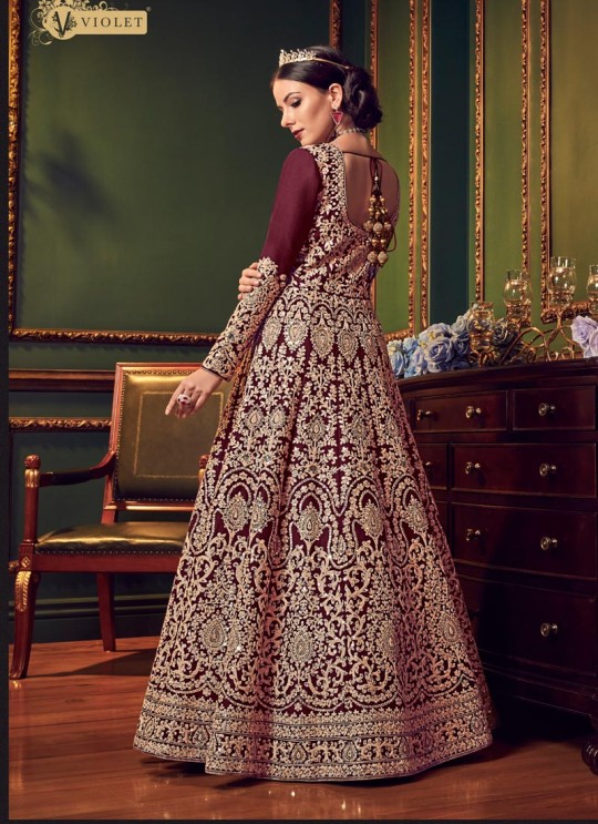 Wine Silk Floor Length Wedding Wear Anarkali Snow White Violet 22 5902 By Swagat SC/013232