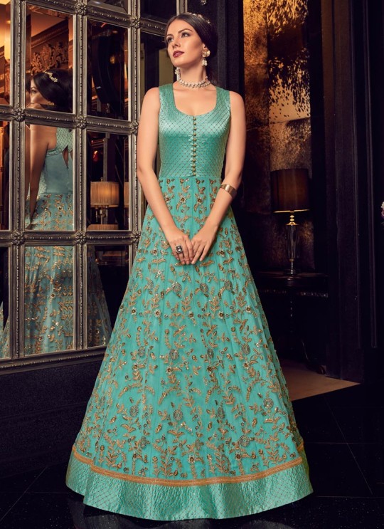 Teal Blue Silk Floor Length Wedding Anarkali Snow White Violet 22 5908 By Swagat SC/013238