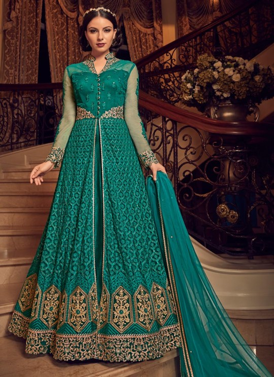 Teal Green Net Floor Length Anarkali For Indian Weddings Snow White Violet 22 5912 By Swagat SC/013242