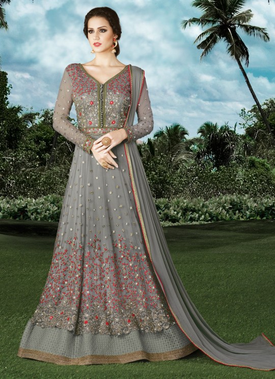 Grey Net Floor Length Anarkali For Mehandi Ceremony Snow White Series 4903A Color By Swagat SC/003924