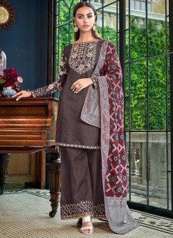 Coffee Satin Slub Wedding Palazzo Suit Violet Vol 28 6204 By Swagat SC/016645