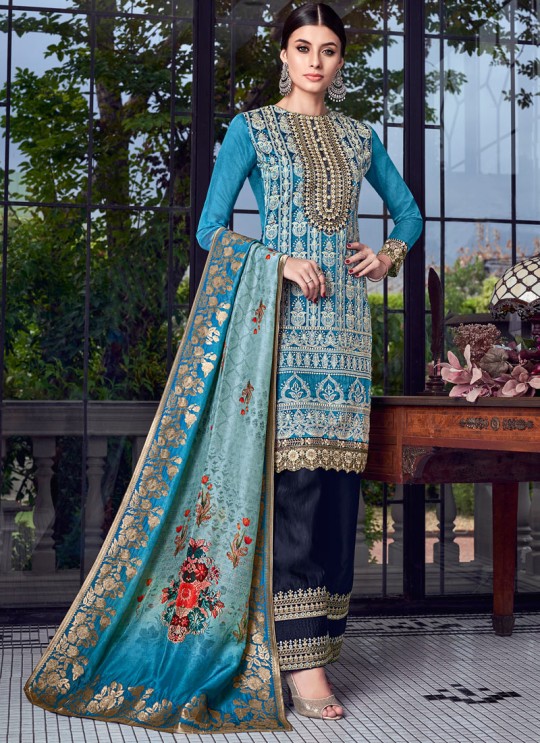 Sky Blue Silk Party Wear Sharara Suit Sezane 8003 By Swagat