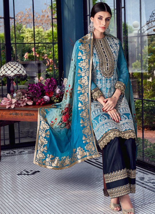 Sky Blue Silk Party Wear Sharara Suit Sezane 8003 By Swagat