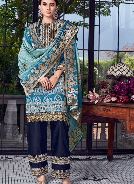 Sky Blue Silk Party Wear Sharara Suit Sezane 8003 By Swagat