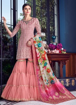 Pink Silk Party Wear Sharara Suit Sezane 8004 By Swagat