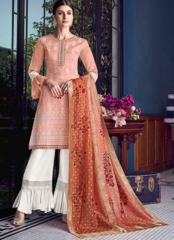 Peach Silk Party Wear Sharara Suit Sezane 8006 By Swagat