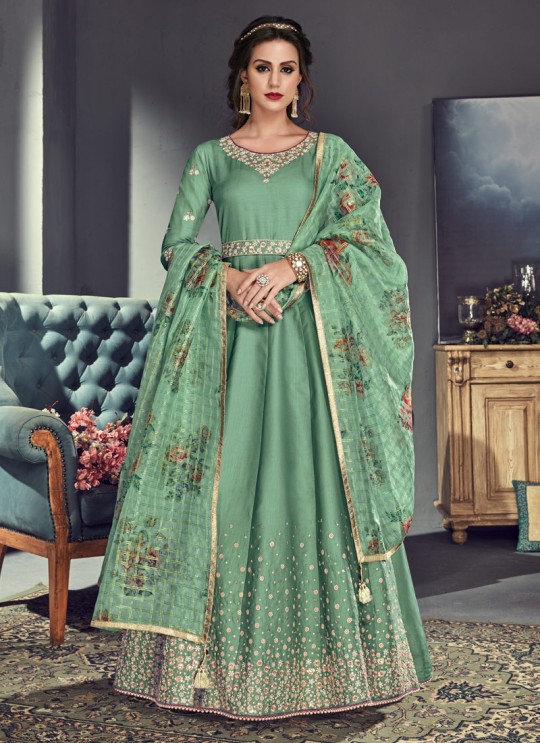 Green Tussar Silk Gown Style Anarkali For Wedding Reception Royal Highness 701 By Sybella Creations SC/014030 Green Tussar Silk Gown Style Anarkali For Wedding Reception Royal Highness 701 By Sybella Creations SC/014030
