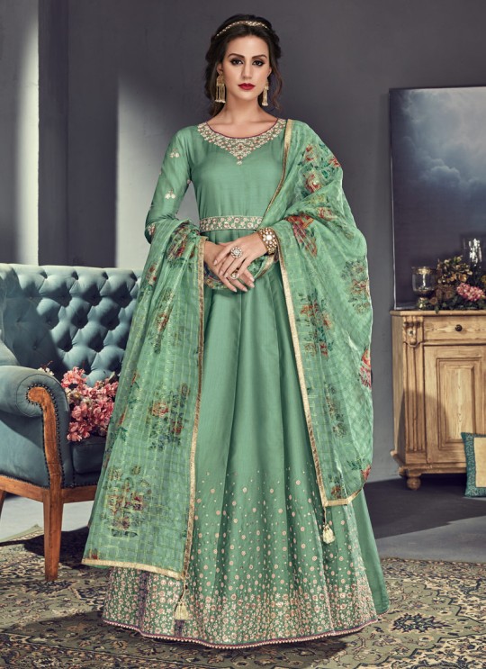 Green Tussar Silk Gown Style Anarkali For Wedding Reception Royal Highness 701 Set By Sybella Creations SC/014029