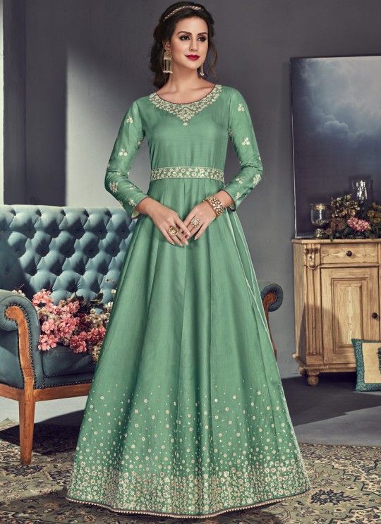 Green Tussar Silk Gown Style Anarkali For Wedding Reception Royal Highness 701 By Sybella Creations SC/014030