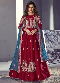 Maroon Tussar Silk Gown Style Anarkali For Wedding Reception Royal Highness 702 By Sybella Creations SC/014031