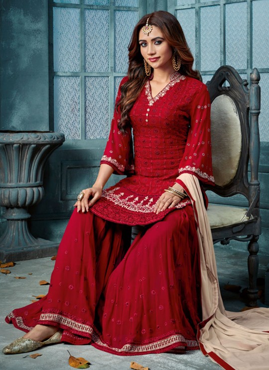 Maroon Georgette Palazzo Suit For Wedding Ceremony Royal Bliss 801 Set By Sybella Creations SC/014253