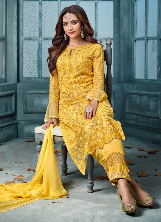 Yellow Georgette Straight Cut Suit For Wedding Ceremony Royal Bliss 802 By Sybella Creations SC/014246