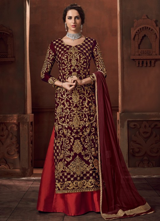 Fashion Focus Crystaline By Sybella 1003 Wine Velvet Wedding Lehenga Dress