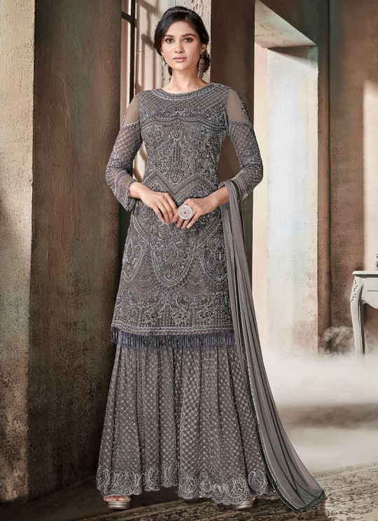 Grey Net Palazzo Suit For Wedding Reception La Royal 607 By Sybella Creations SC/012981